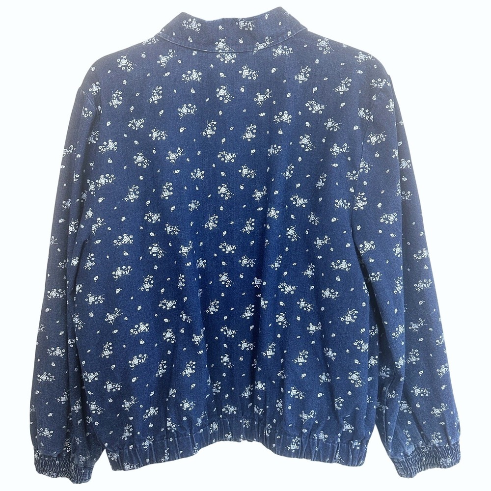 Vintage 90s Denim Zip Up Jacket Novelty Print Women's L Cottagecore Grandma Chic - Picture 2 of 8